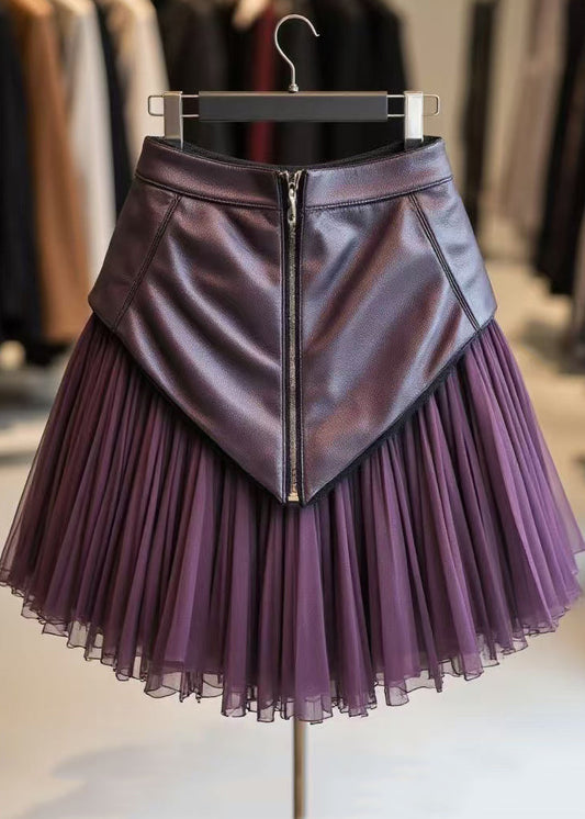 Purple Zippered Wrinkled Tulle Patchwork Skirts Spring