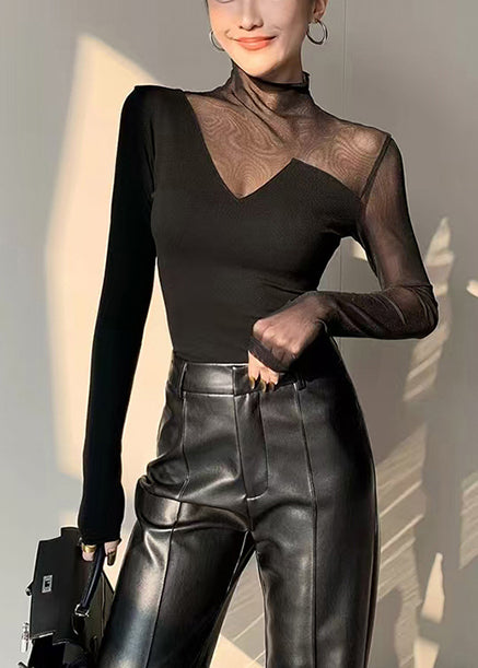 Black Asymmetrical Patchwork Hollow Out Tops Spring