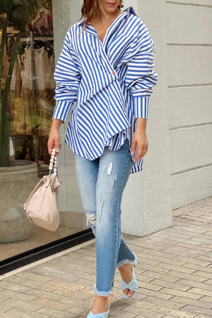 Striped Print Patchwork Asymmetrical Shirt Collar Tops