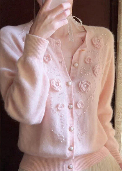 Pink Decorated Nail Bead Knit Cardigan Winter