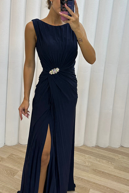 Special Pleated Embellished Slit Evening Maxi Dress