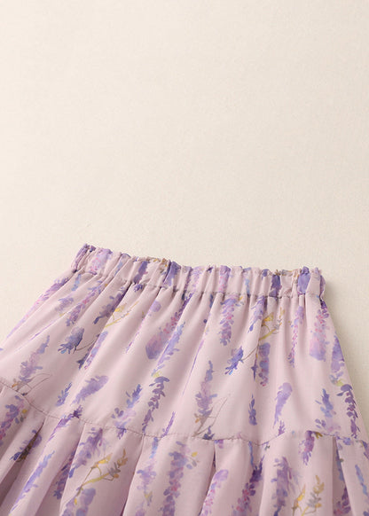 Purple Print Elastic Waist Cotton Skirt Summer