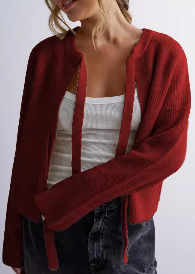 Apricot O Neck Lace Up Knit Loose Coat Fall