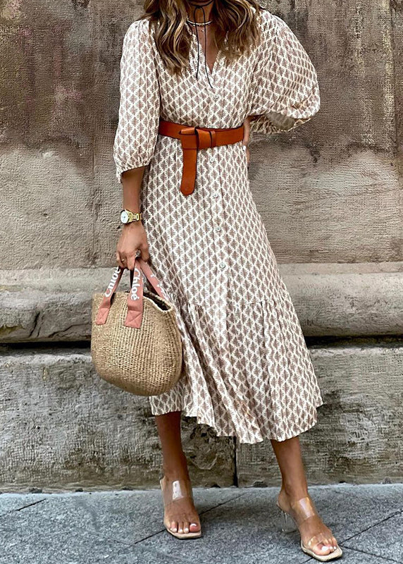 Stylish Khaki V Neck Print Button Cotton Dress Summer