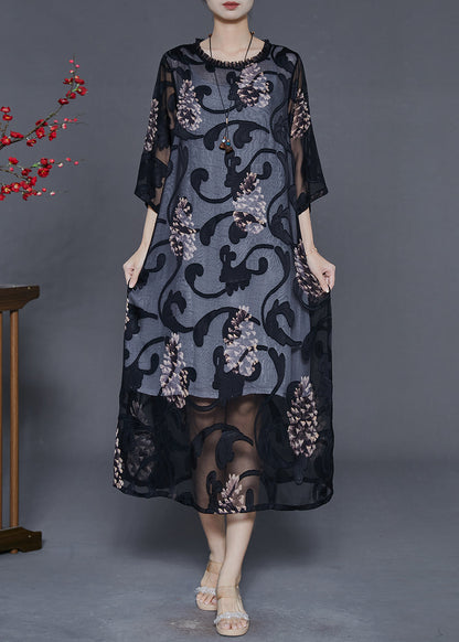Black Oversized Print Tulle Maxi Dresses Summer