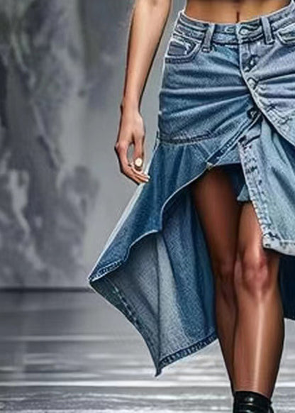 Blue Button Side Open High Waist Denim Skirts Summer