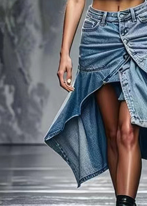 Blue Button Side Open High Waist Denim Skirts Summer