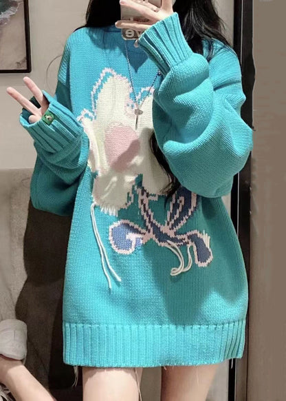Art Blue O Neck Cozy Knit Sweater Spring