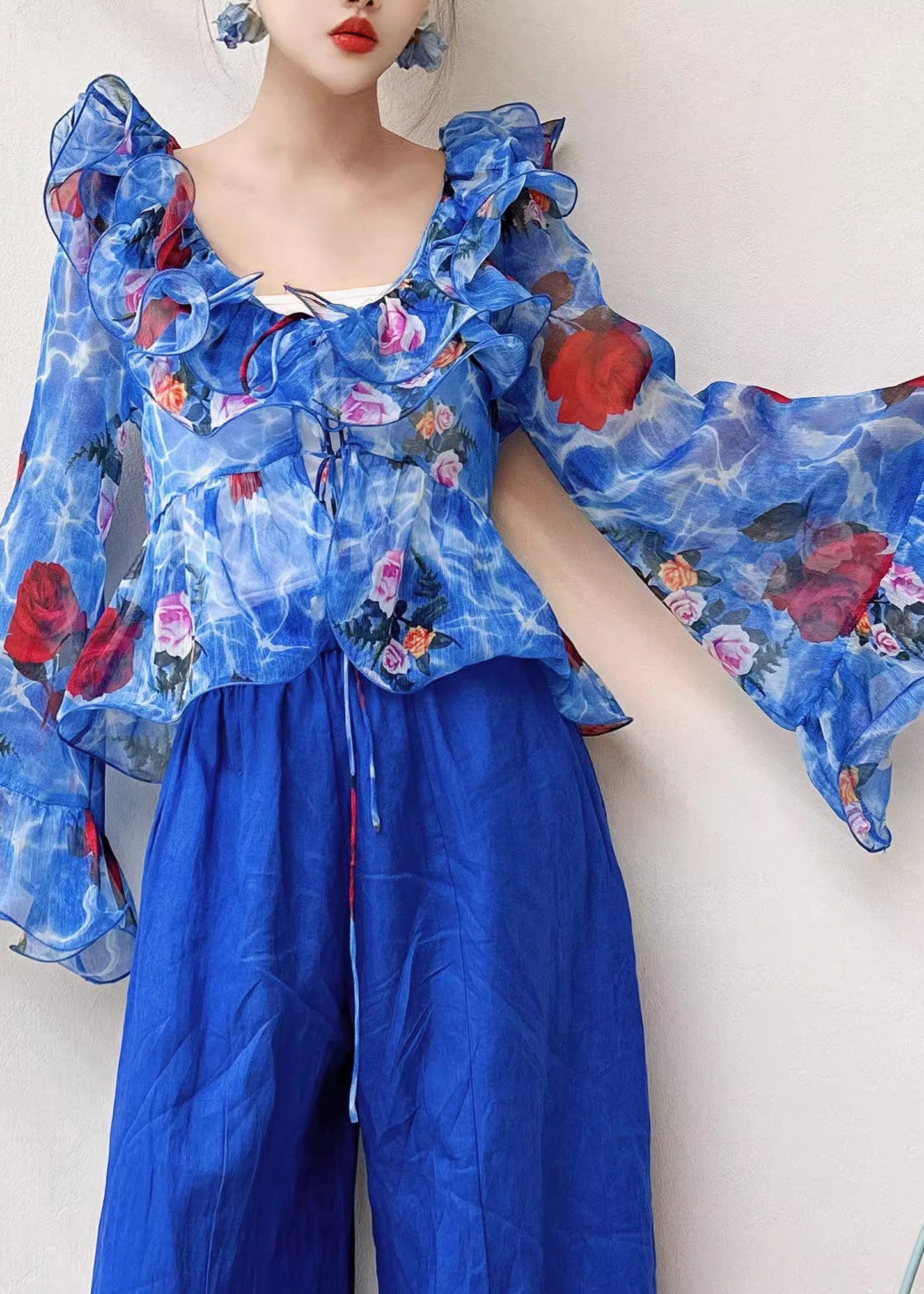 Blue Ruffled Patchwork Print Chiffon Shirt Flare Sleeve