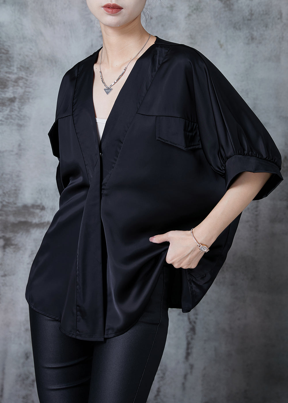 Black V Neck Patchwork Silk Shirt Top Summer