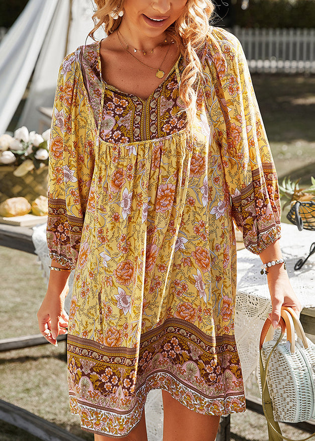Blue V Neck Print Cotton Mid Dresses Summer