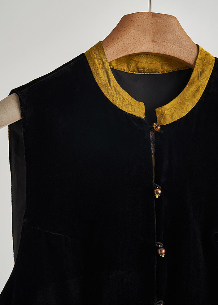 Style Black Embroidered Patchwork Silk Velour Vests Sleeveless