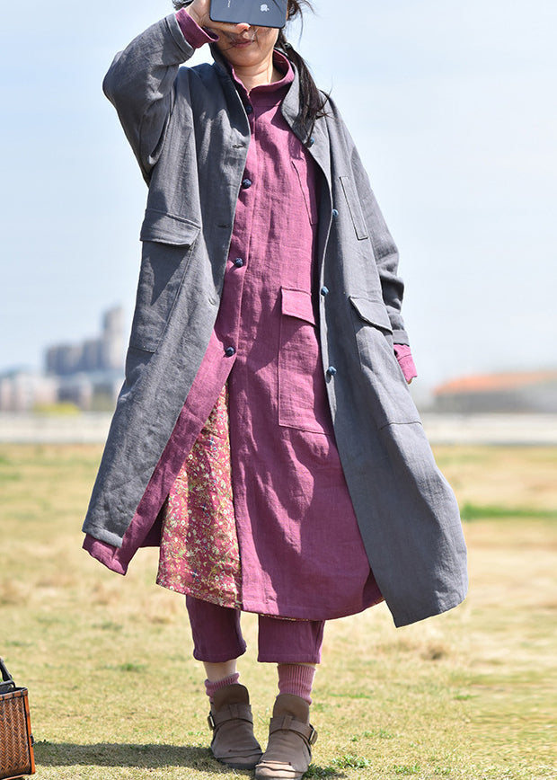 Black Stand Collar Pockets Linen Coat Spring