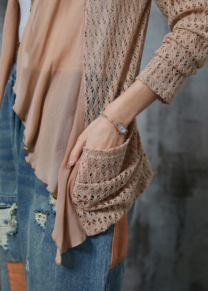 Khaki Hollow Out Patchwork Knit Cardigan Summer