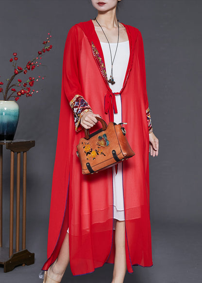 Red Embroidered Side Open Chiffon Hooded Cardigan Summer