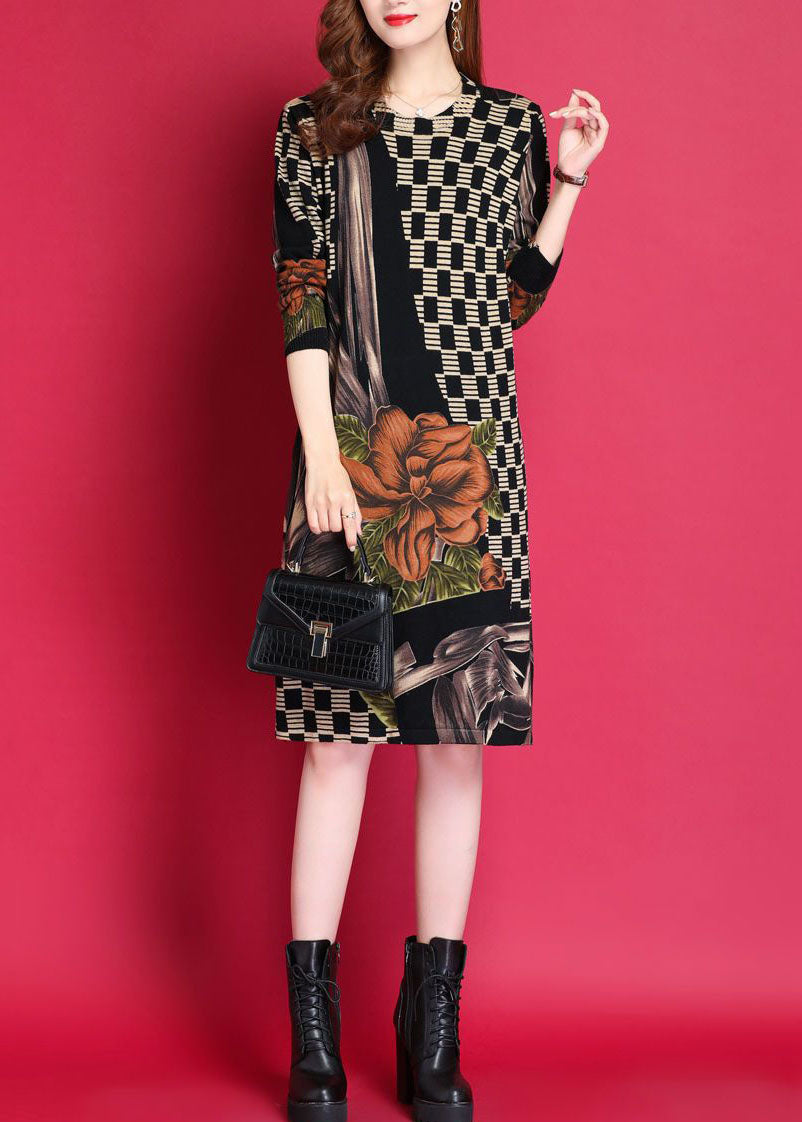 Black O-neck Print Woolen Knitwear Dress Fall