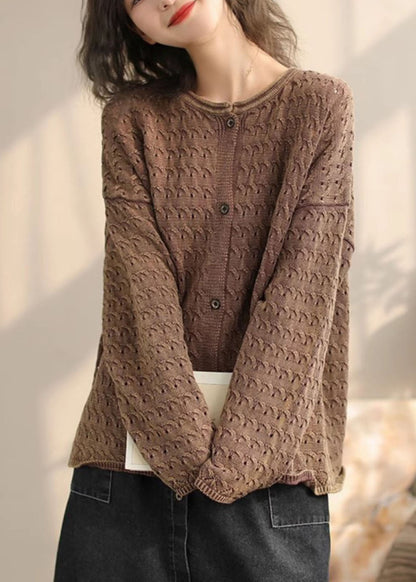 Khaki O Neck Button Knit Cardigans Spring