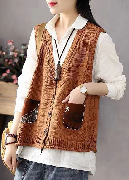 Khaki Button Pockets Patchwork Cotton Knit Waistcoat Sleeveless
