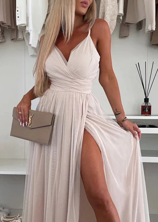 Fitted Green V Neck Side Open Tulle Spaghetti Strap Dresses Summer