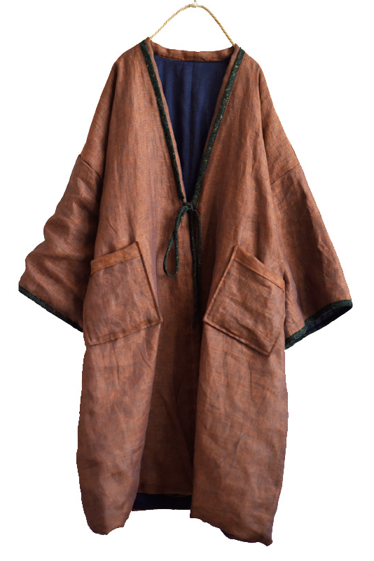 -retro Coffee Large Pocket Cardigan Cotton Linen Trench Coat