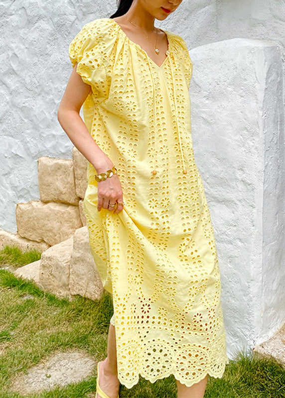 Boutique Yellow O-neck Hollow Out Knitted Cotton Long Dress Summer