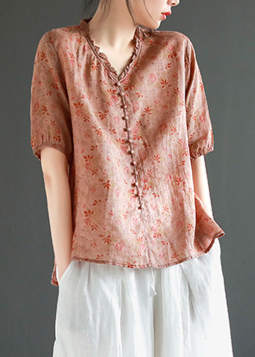 Red V Neck Button Linen Top Short Sleeve