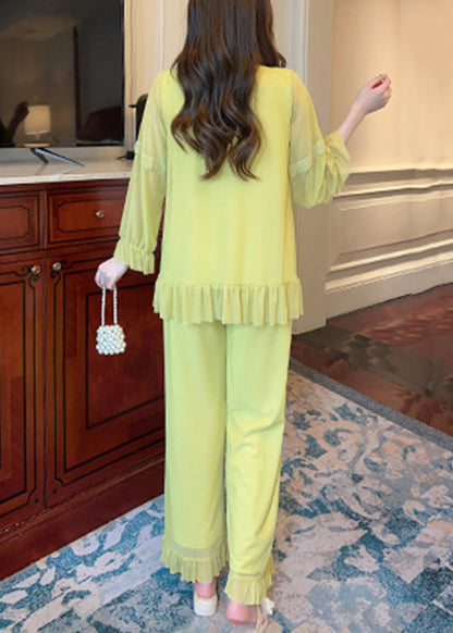 Green Square Collar Lace Up Tulle Pajamas Two Piece Suit Set Butterfly Sleeve