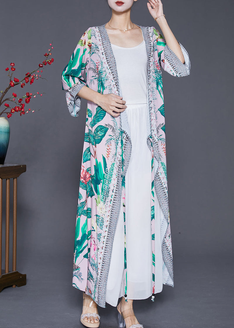 Green Leaf Print Lace Up Chiffon Long Cardigan Fall