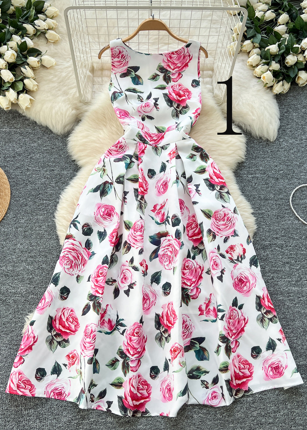 Flower Print Exra Large Hem Silk Tea Dress Sleeveless