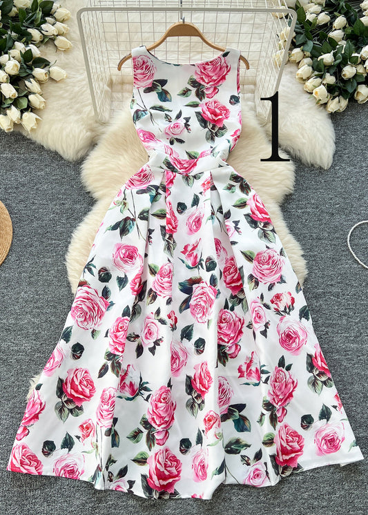 Flower Print Exra Large Hem Silk Tea Dress Sleeveless