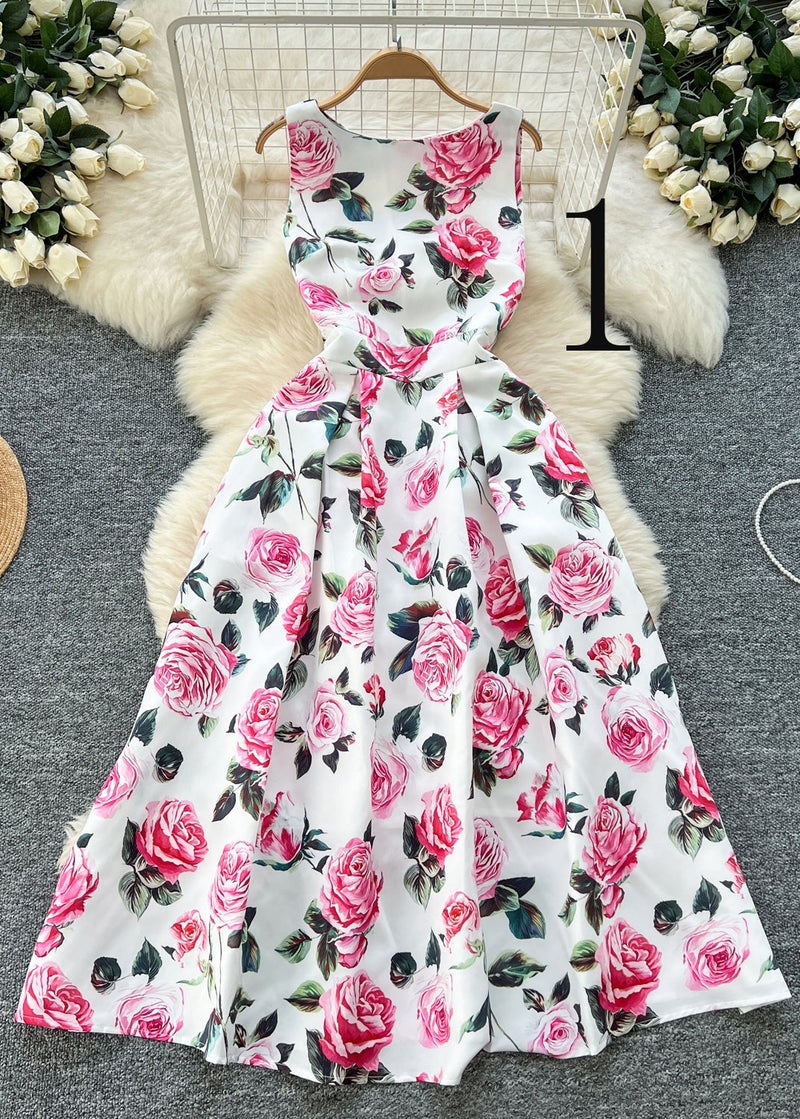 Flower Print Exra Large Hem Silk Tea Dress Sleeveless