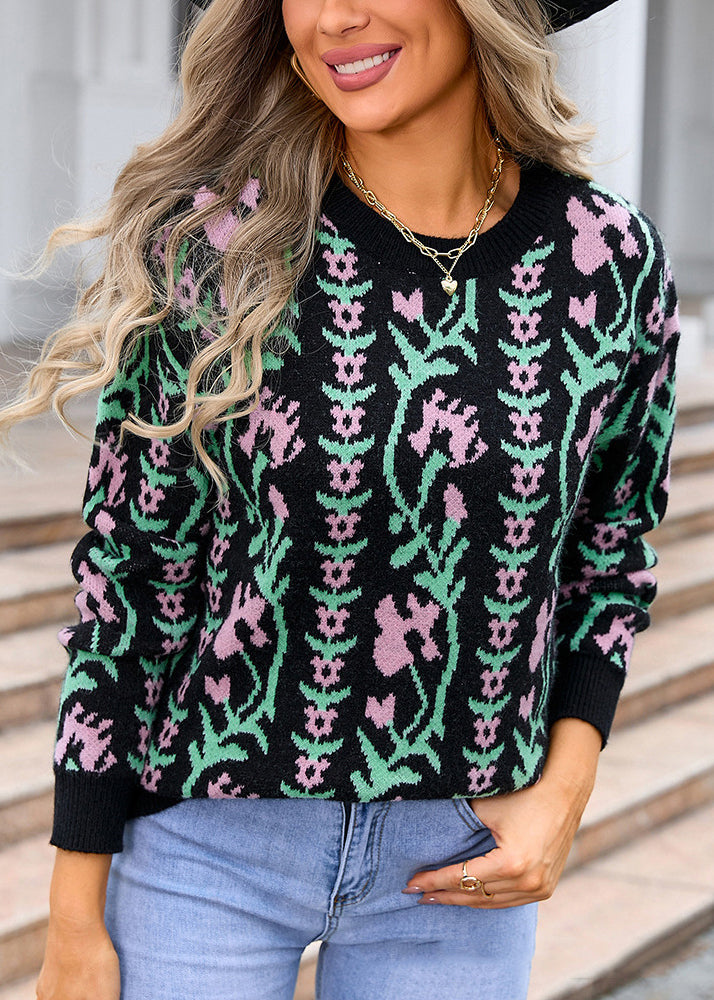 Apricot O Neck Jacquard Thick Knit Sweaters Winter