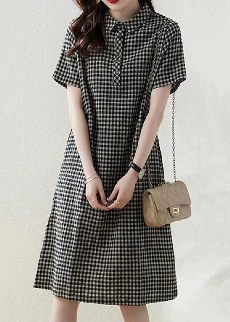 Grey Peter Pan Collar Plaid Linen Vacation Dress Summer