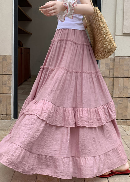 Art Pink Ruffled Elastic Waist Cotton Skirts Summer