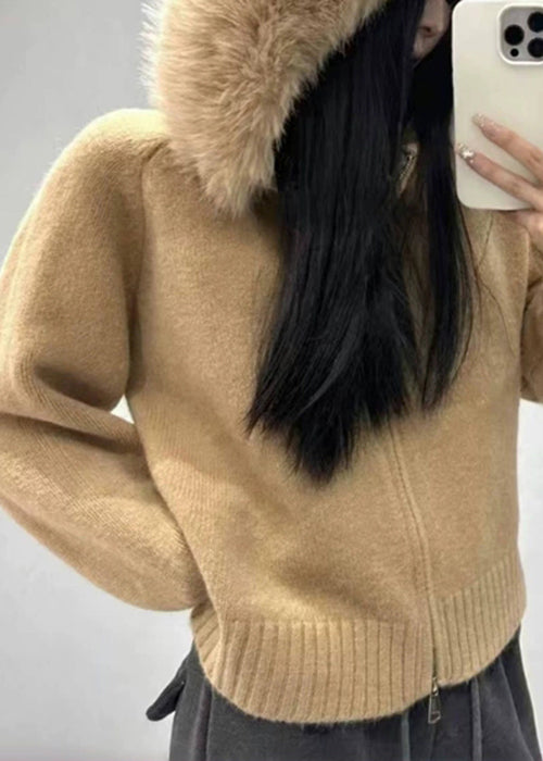 White Fur Collar Zippered Knit Coats Winter