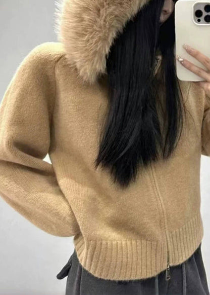 White Fur Collar Zippered Knit Coats Winter