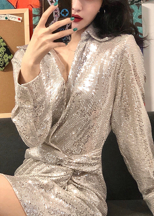 Silver Peter Pan Collar Sequins Mid Dress Spring