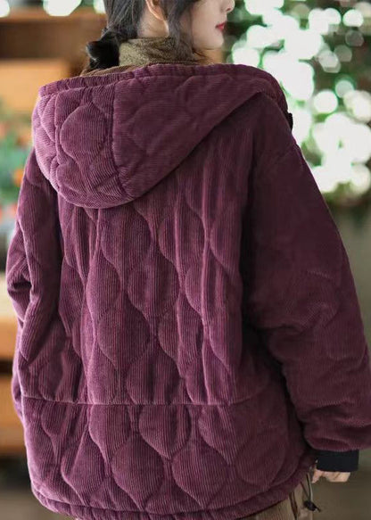 Purple Hooded Pockets Corduroy Fleece Wool Lined Jacket Winter