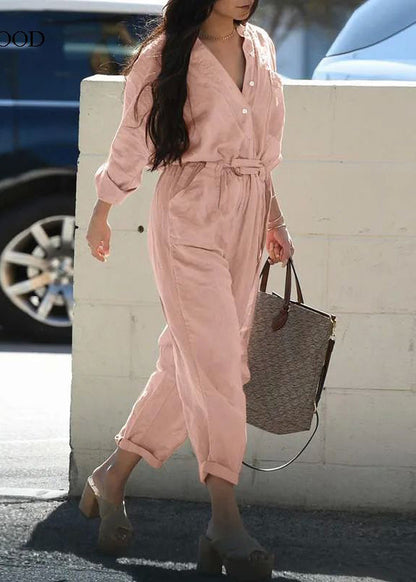 Pink Peter Pan Collar Pockets Tunic Jumpsuit Fall
