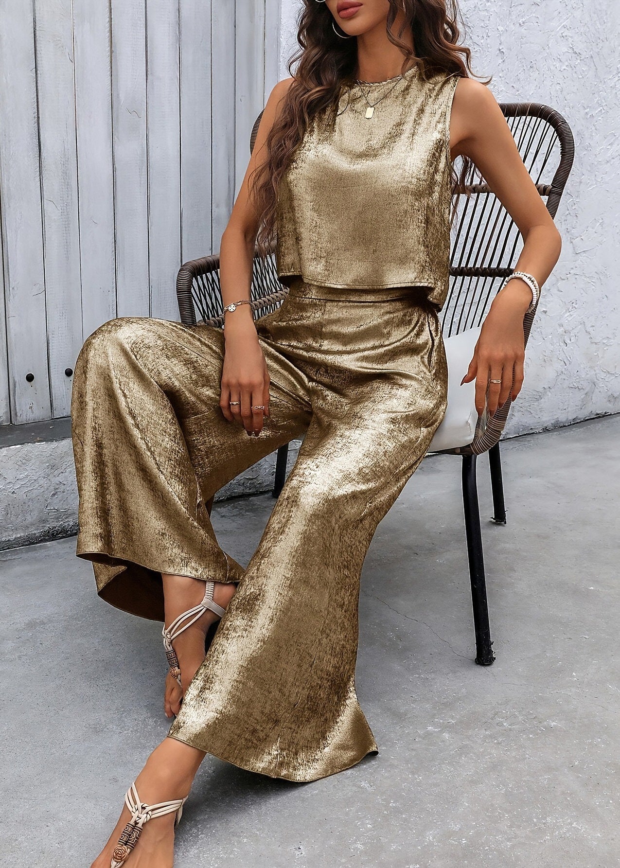 Silver Sleeveless Top and Pants Two Pieces Set