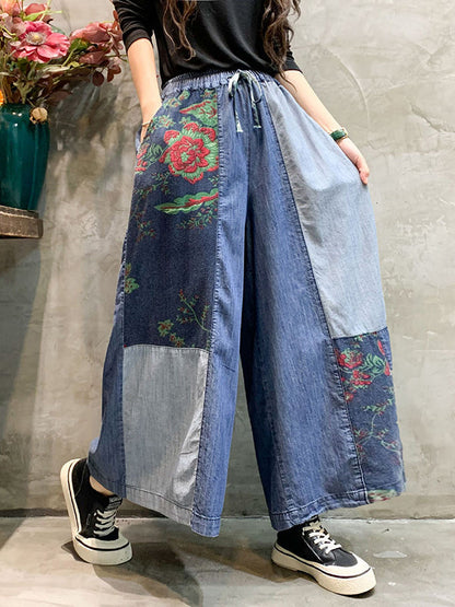 Color-block Bandage Embroidered Wide Leg Denim Pants