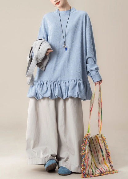 Loose Grey Ruffled Knit Vest Blue Lace Up Tops and Pants Cotton Three Piece Set Fall