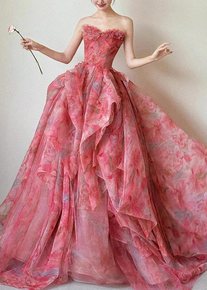 Strapless Print High Waist Chiffon Exra Large Hem Dresses Sleeveless