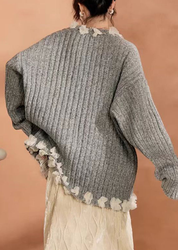 Grey Button Tulle Patchwork Cotton Knit Cardigan Winter