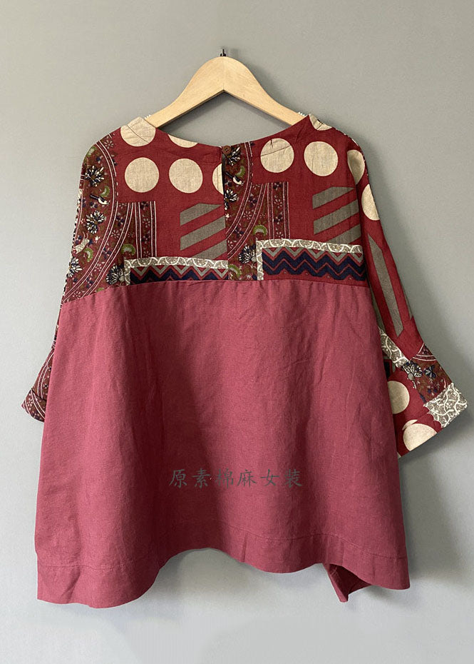 Retro Red O-neck Print T Shirts Half Sleeve
