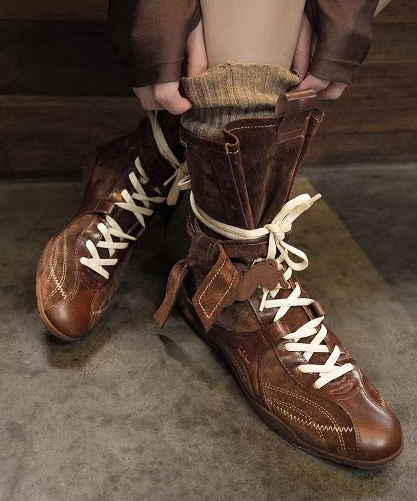 Brown Suede Splicing Lace Up Boots