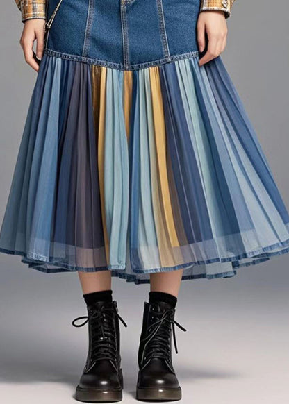 Blue Patchwork Rainbow Striped Denim Skirt Fall