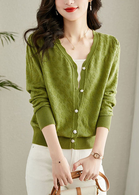Green Embroideried Button Knit Cardigans Fall