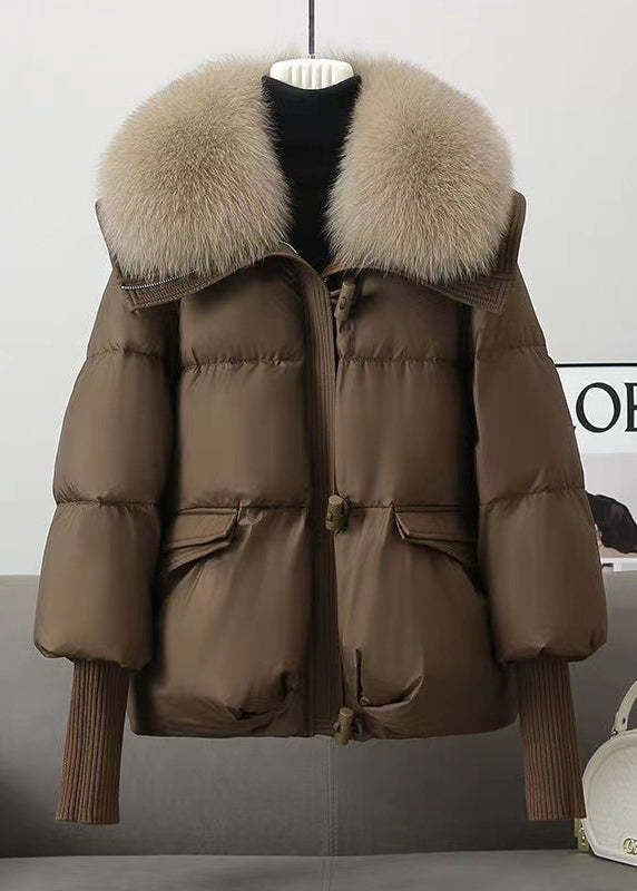 Coffee Pockets Fur Collar Fine Cotton Filled Coats Winter