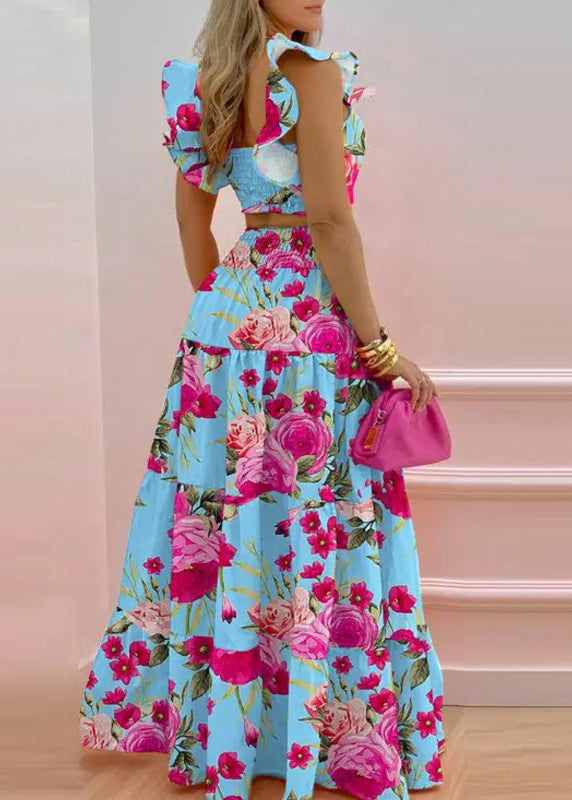 Art Blue Print Tank and Elastic Waist Skirts Cotton Two Pieces Set Summer